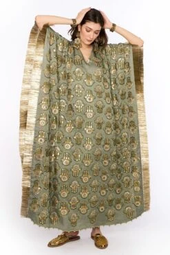 Heirloom By Rara Avis Sage Green Hamsa Embroidered Kaftan