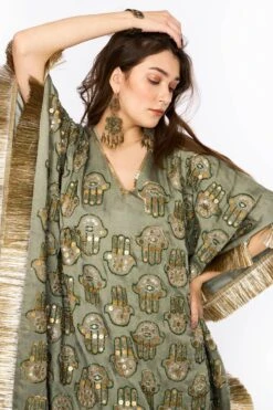 Heirloom By Rara Avis Sage Green Hamsa Embroidered Kaftan -Divine Couture 23rh49 3