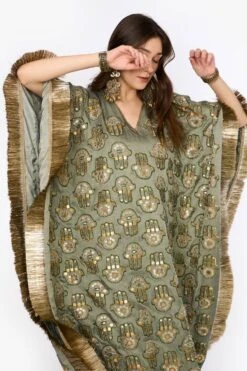 Heirloom By Rara Avis Sage Green Hamsa Embroidered Kaftan -Divine Couture 23rh49 4