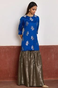 Shorshe Blue & Slate Silver Banarasi Brocade Kurta Set -Divine Couture 261223she21 3