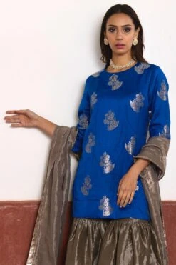 Shorshe Blue & Slate Silver Banarasi Brocade Kurta Set -Divine Couture 261223she21 4