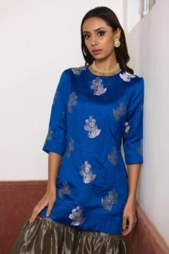 Shorshe Blue & Slate Silver Banarasi Brocade Kurta Set -Divine Couture 261223she21 5