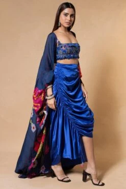 Saaksha & Kinni Blue Abstract Printed Mirror Embellished Cape Set -Divine Couture 27423sk1 2