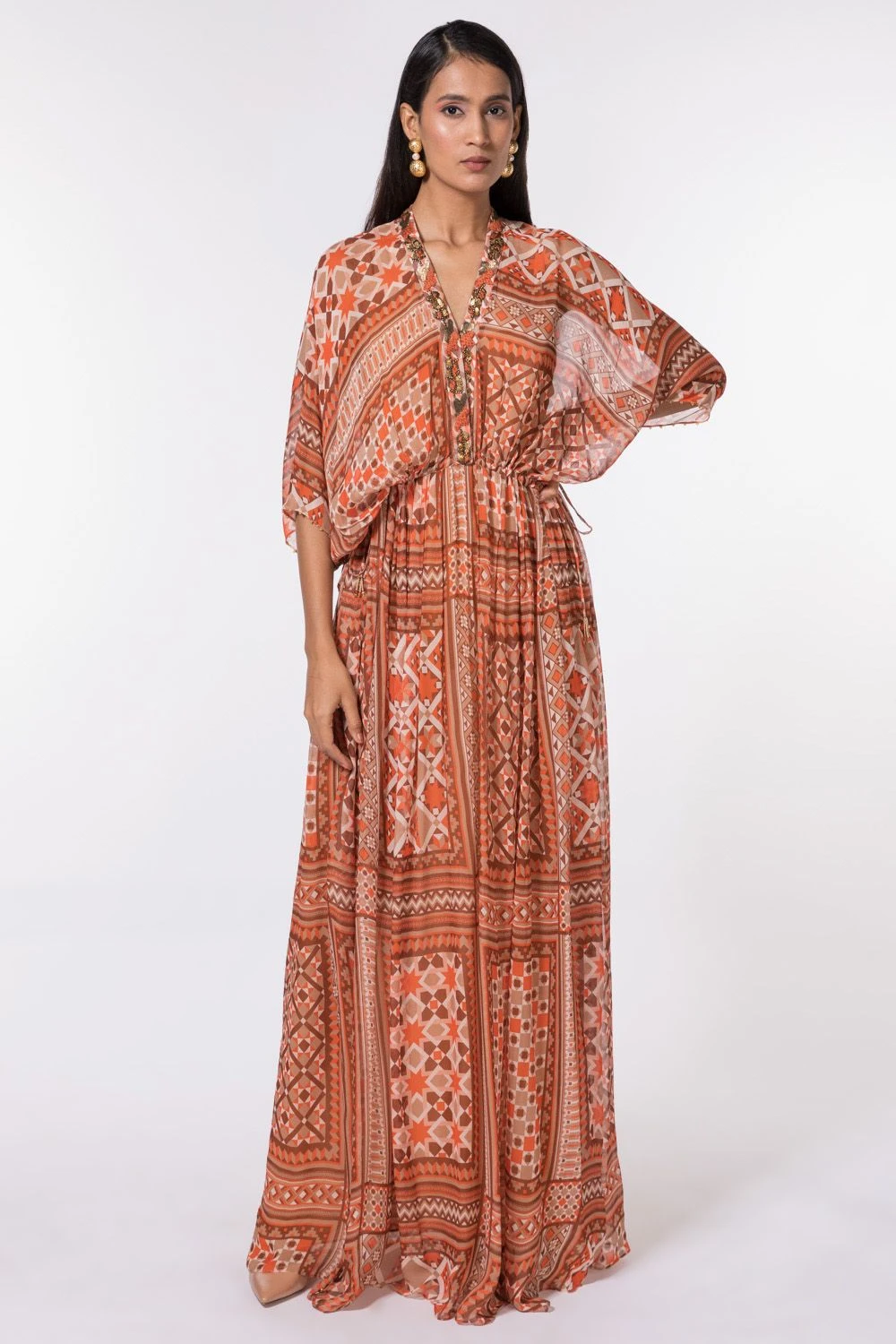 Nikita Mhaisalkar Tangerine Tribal Print Kaftan 3 Nikita Mhaisalkar Tangerine Tribal Print Kaftan