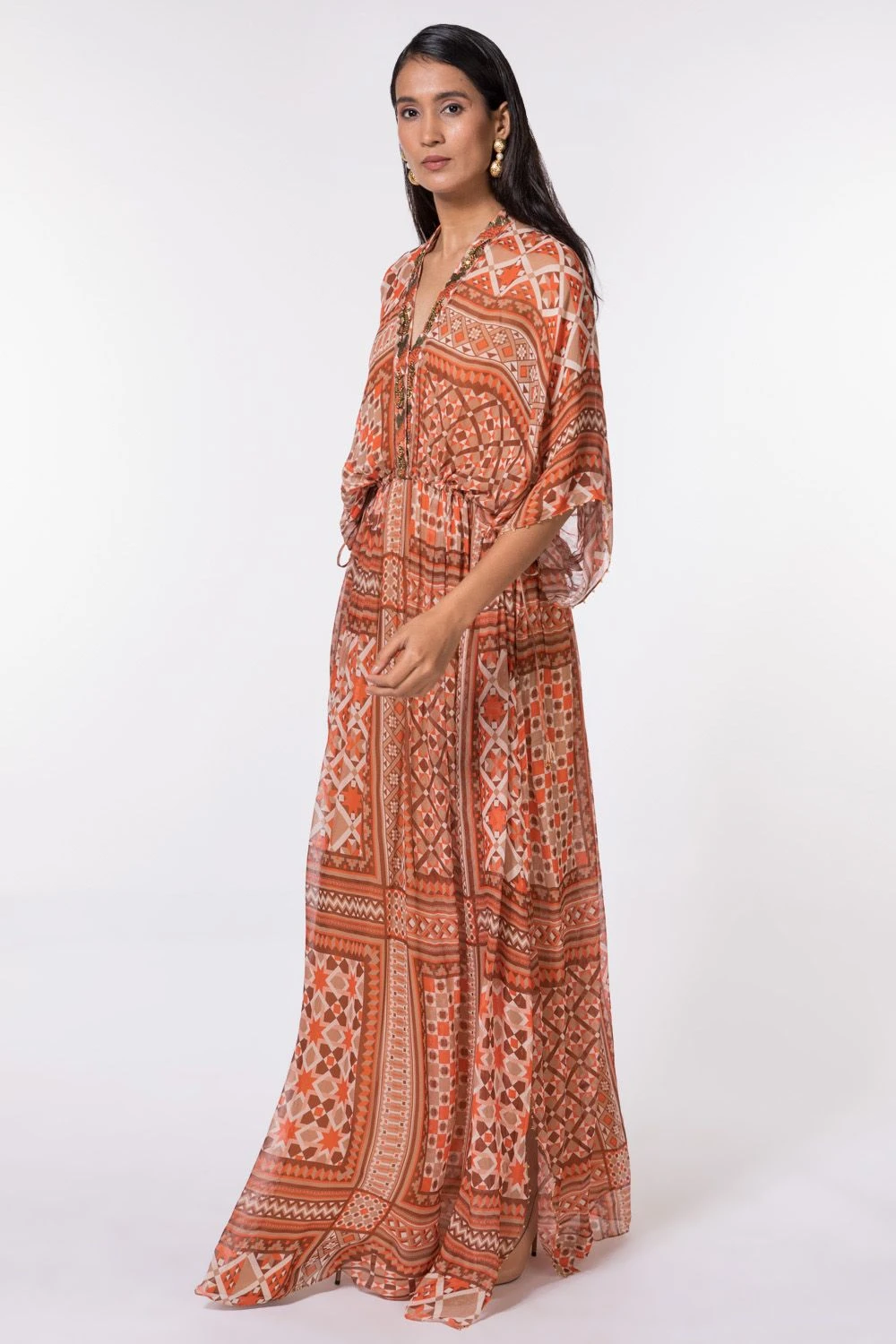 Nikita Mhaisalkar Tangerine Tribal Print Kaftan 4 Nikita Mhaisalkar Tangerine Tribal Print Kaftan - Image 2