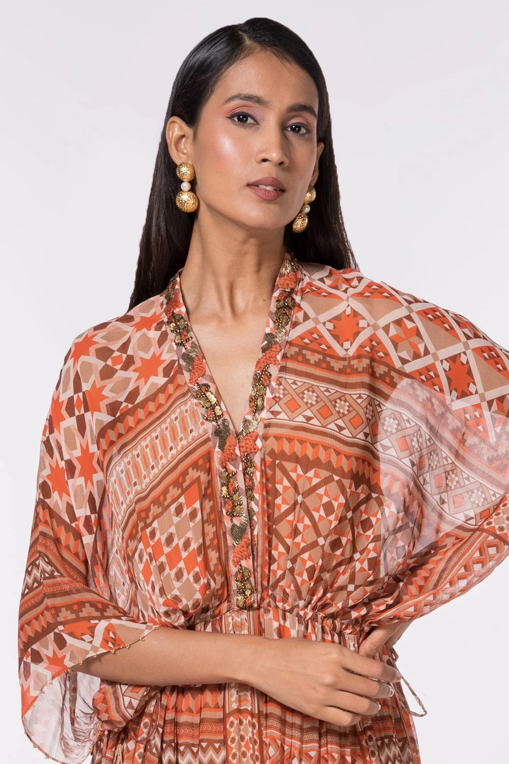 Nikita Mhaisalkar Tangerine Tribal Print Kaftan 6 Nikita Mhaisalkar Tangerine Tribal Print Kaftan - Image 4