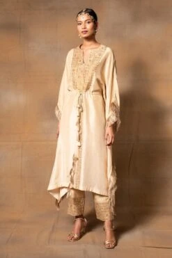 Ahilian Beige Embroidered Kaftan Set