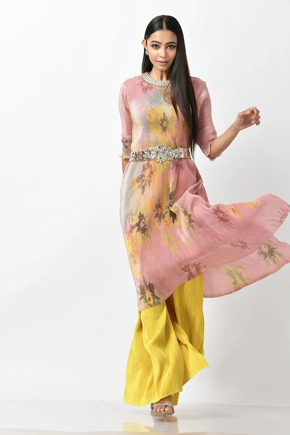 Kiran Uttam Ghosh Peach Sepia Printed Pleated Kaftan 3 Kiran Uttam Ghosh Peach Sepia Printed Pleated Kaftan