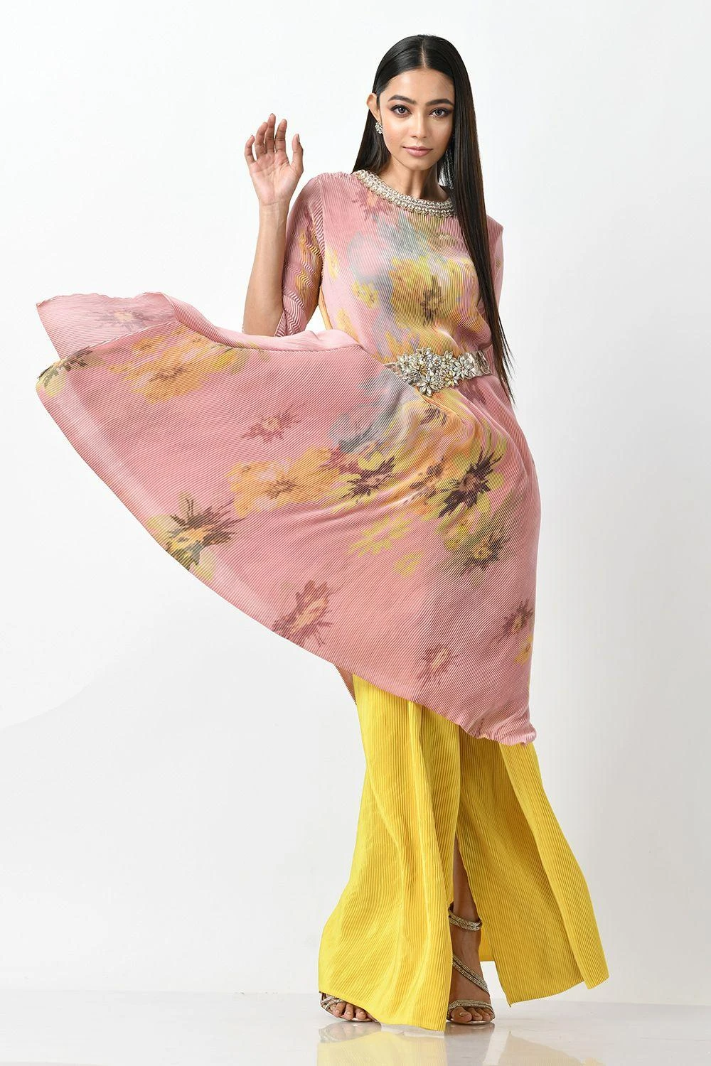 Kiran Uttam Ghosh Peach Sepia Printed Pleated Kaftan 5 Kiran Uttam Ghosh Peach Sepia Printed Pleated Kaftan - Image 3