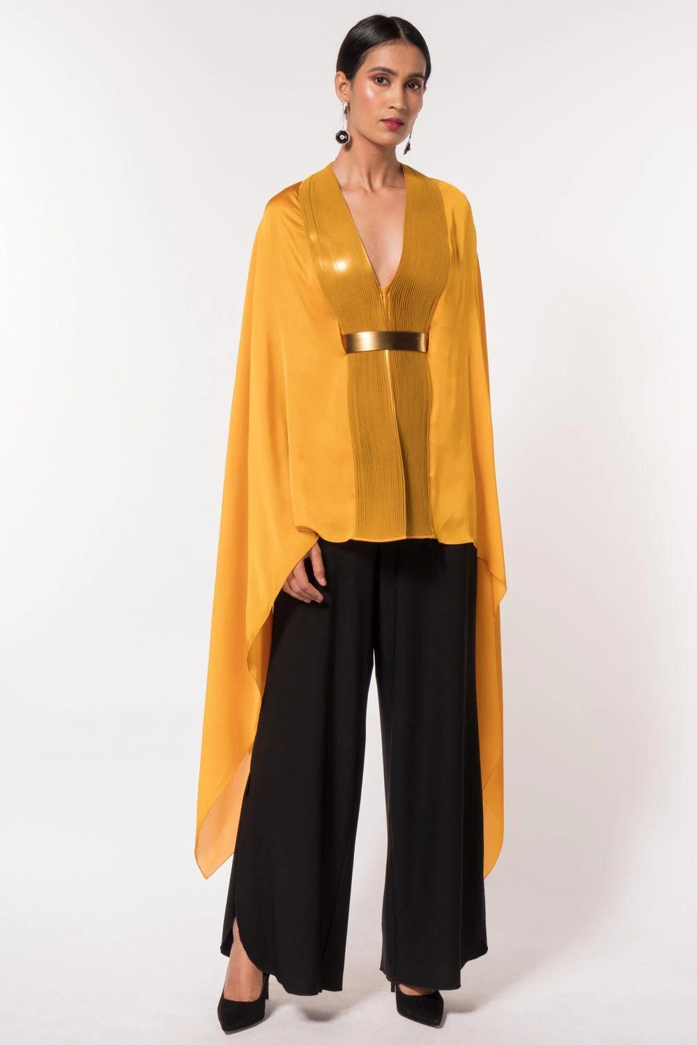 Amit Aggarwal Mustard Panelled Cape With Belt 3 Amit Aggarwal Mustard Panelled Cape With Belt