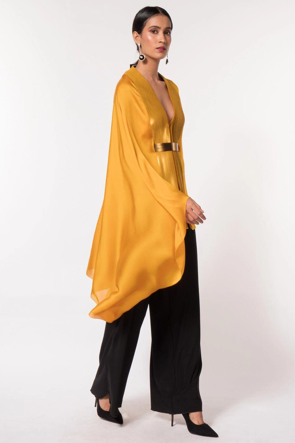 Amit Aggarwal Mustard Panelled Cape With Belt 4 Amit Aggarwal Mustard Panelled Cape With Belt - Image 2