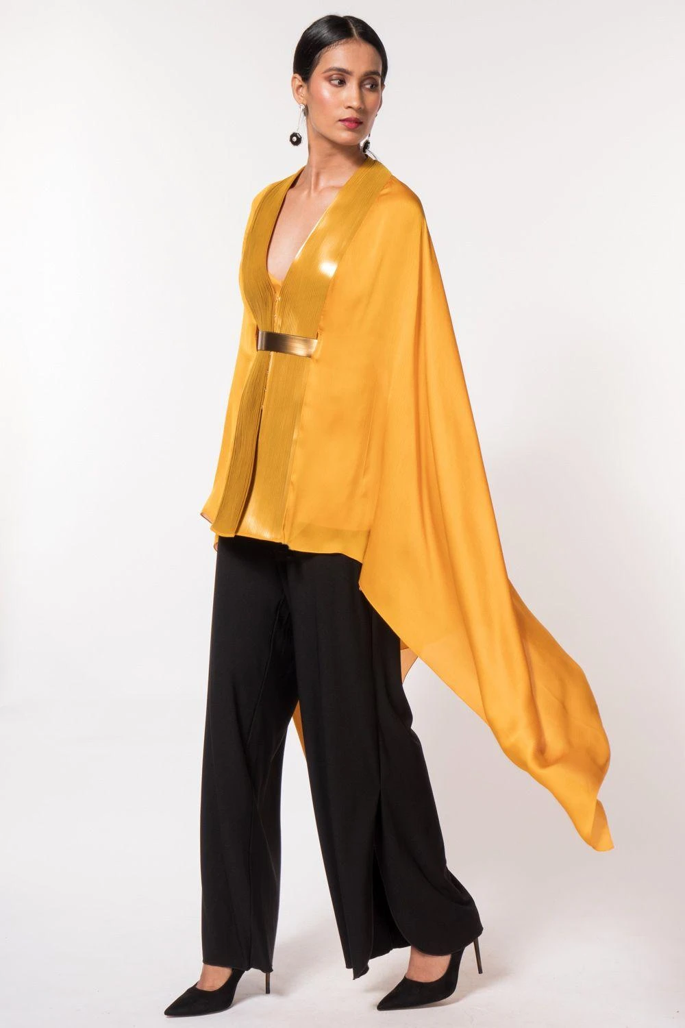 Amit Aggarwal Mustard Panelled Cape With Belt 5 Amit Aggarwal Mustard Panelled Cape With Belt - Image 3