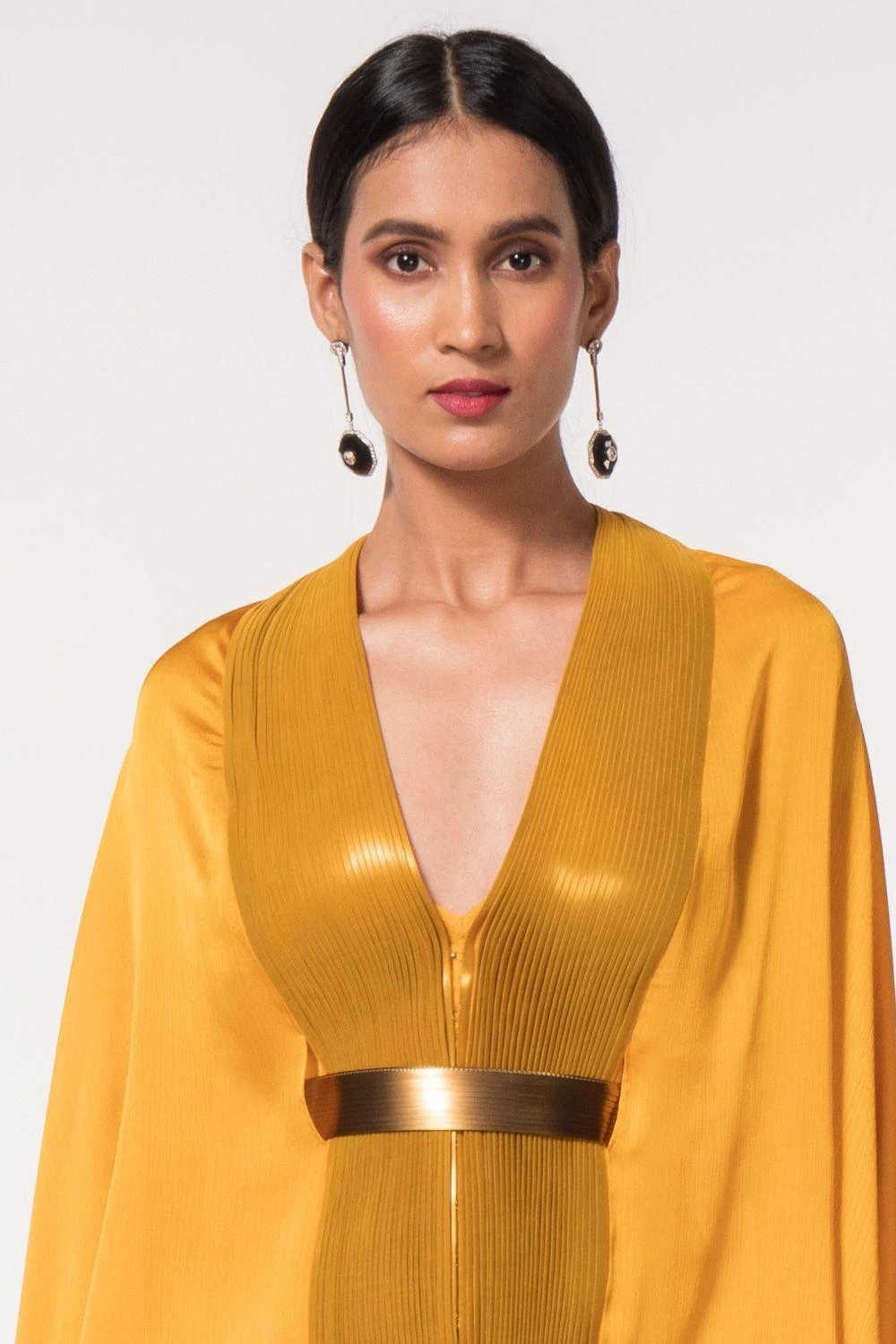 Amit Aggarwal Mustard Panelled Cape With Belt 6 Amit Aggarwal Mustard Panelled Cape With Belt - Image 4