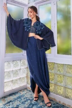 SVA Deep Blue Embroidered Cape Set