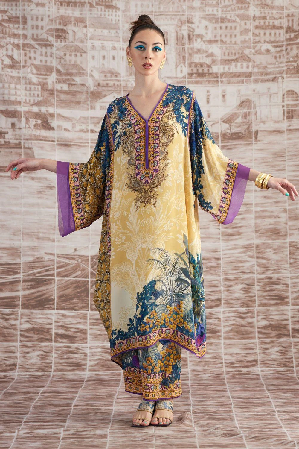 Rajdeep Ranawat Mustard Olivia Floral Kaftan 6 Rajdeep Ranawat Mustard Olivia Floral Kaftan - Image 4