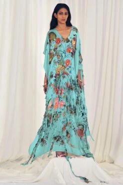 AK-OK By Anamika Khanna Blue Floral Kaftan With Ruffles