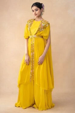 Ahilian Yellow Floral Embellished Cape Set