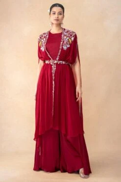 Ahilian Red Floral Embellished Cape Set