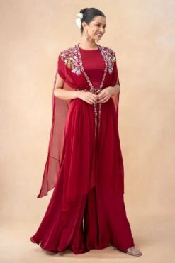 Ahilian Red Floral Embellished Cape Set -Divine Couture 31723an27 3 1