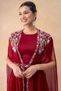 Ahilian Red Floral Embellished Cape Set -Divine Couture 31723an27 4 1