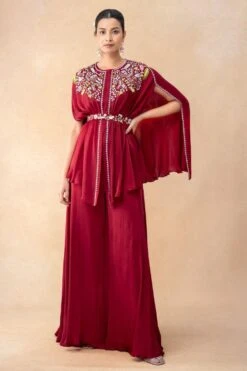 Ahilian Red Thread Embellished Cape Set
