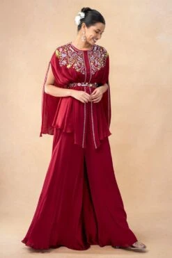 Ahilian Red Thread Embellished Cape Set -Divine Couture 31723an29 3 1