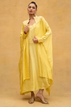 Anamika Khanna Yellow Thread Embroidered Chiffon Cape & Dress