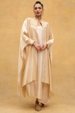 Anamika Khanna Beige Thread Embroidered Chiffon Cape & Dress