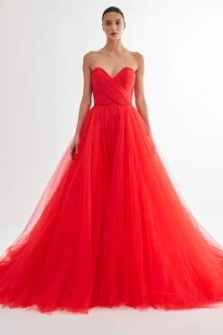Gauri & Nainika Red Sweetheart Fluted Draped Gown