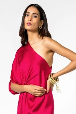 Stephany Fuschia One Shoulder Satin Gown 10 Stephany Fuschia One Shoulder Satin Gown -Divine Couture 357535 4