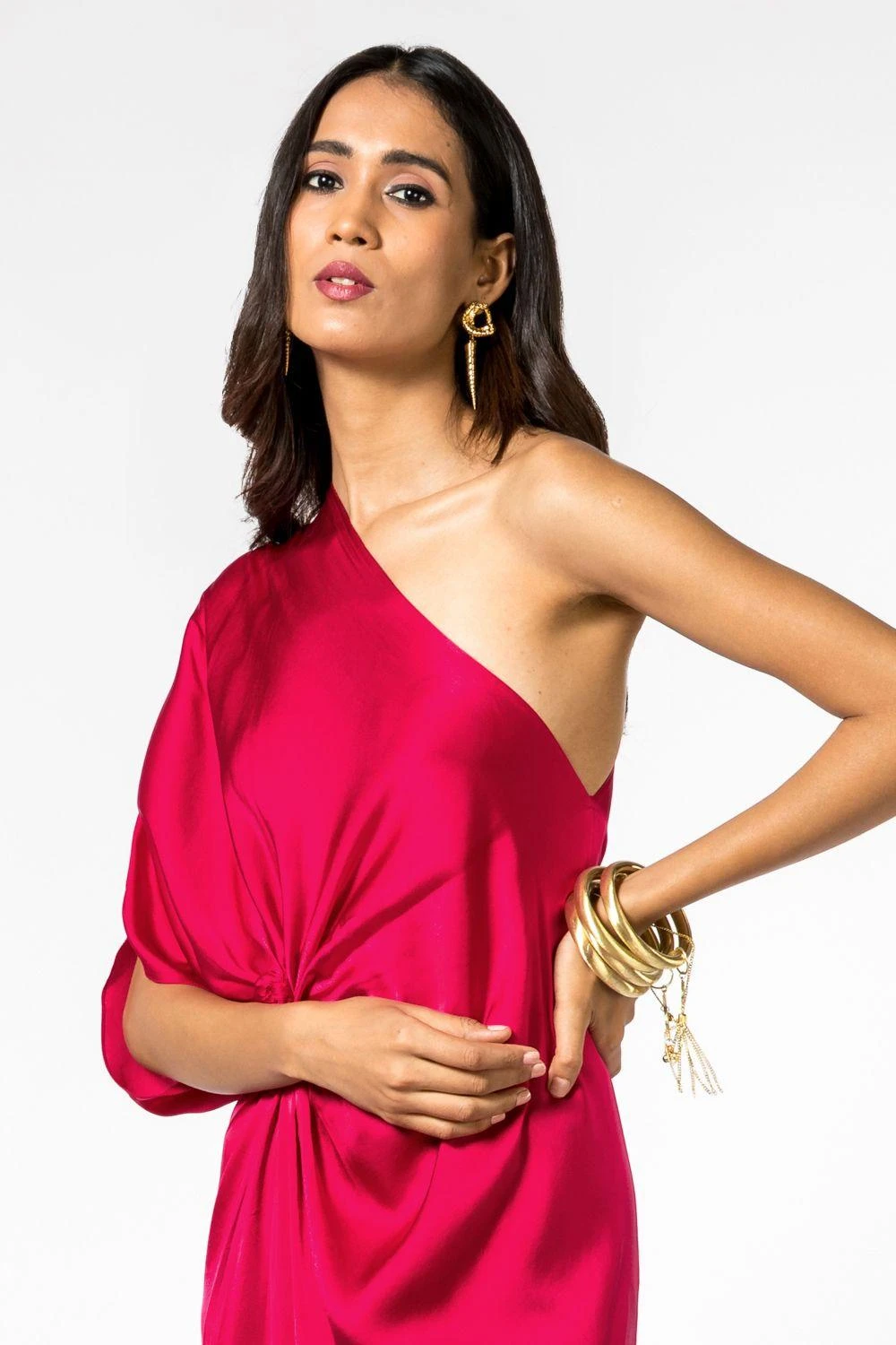 Stephany Fuschia One Shoulder Satin Gown 6 Stephany Fuschia One Shoulder Satin Gown - Image 4