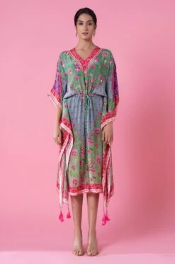 Siddhartha Bansal Whisper Green-heather Blue Floral Printed Kaftan