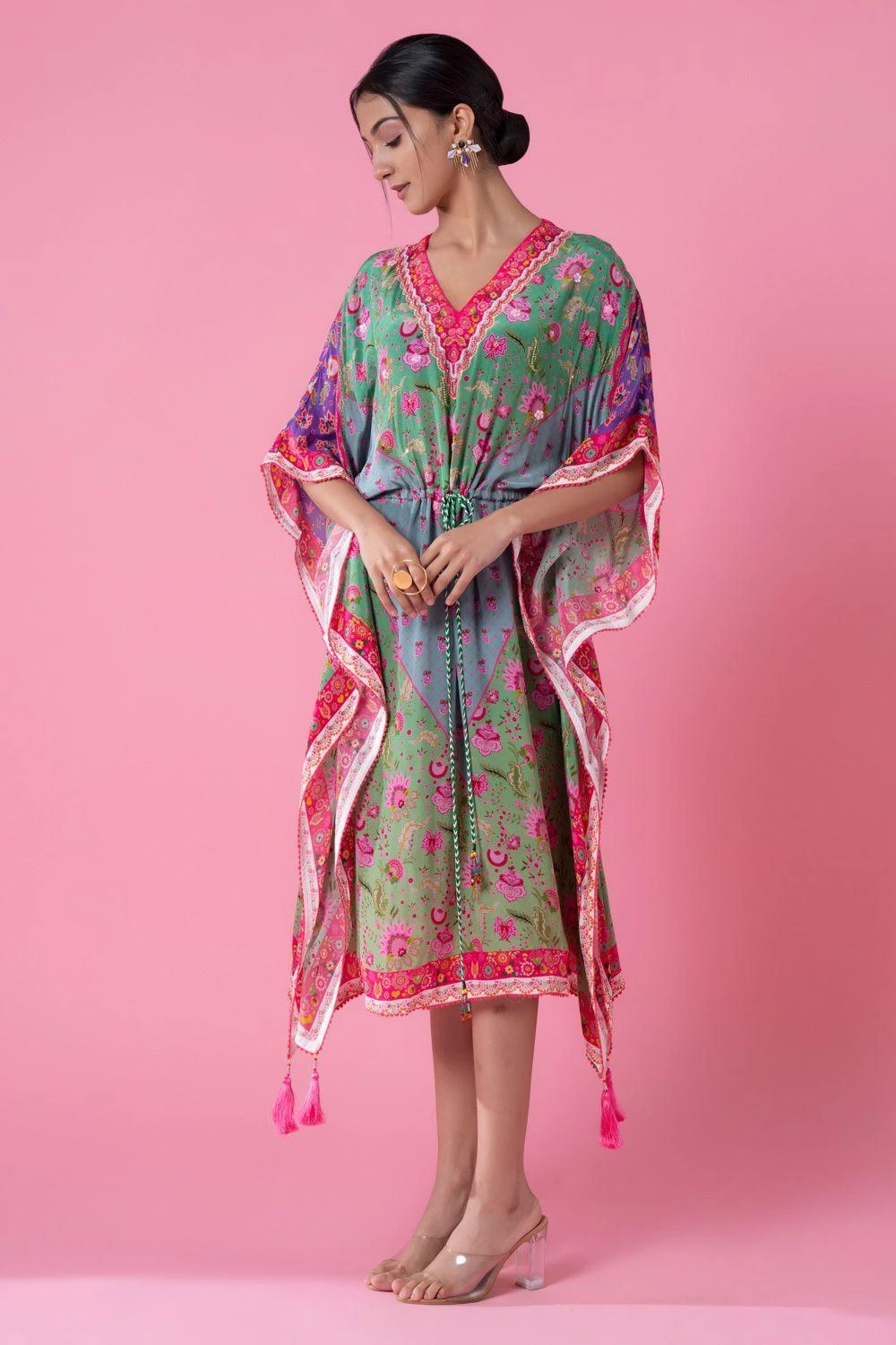 Siddhartha Bansal Whisper Green-heather Blue Floral Printed Kaftan 5 Siddhartha Bansal Whisper Green-heather Blue Floral Printed Kaftan - Image 3