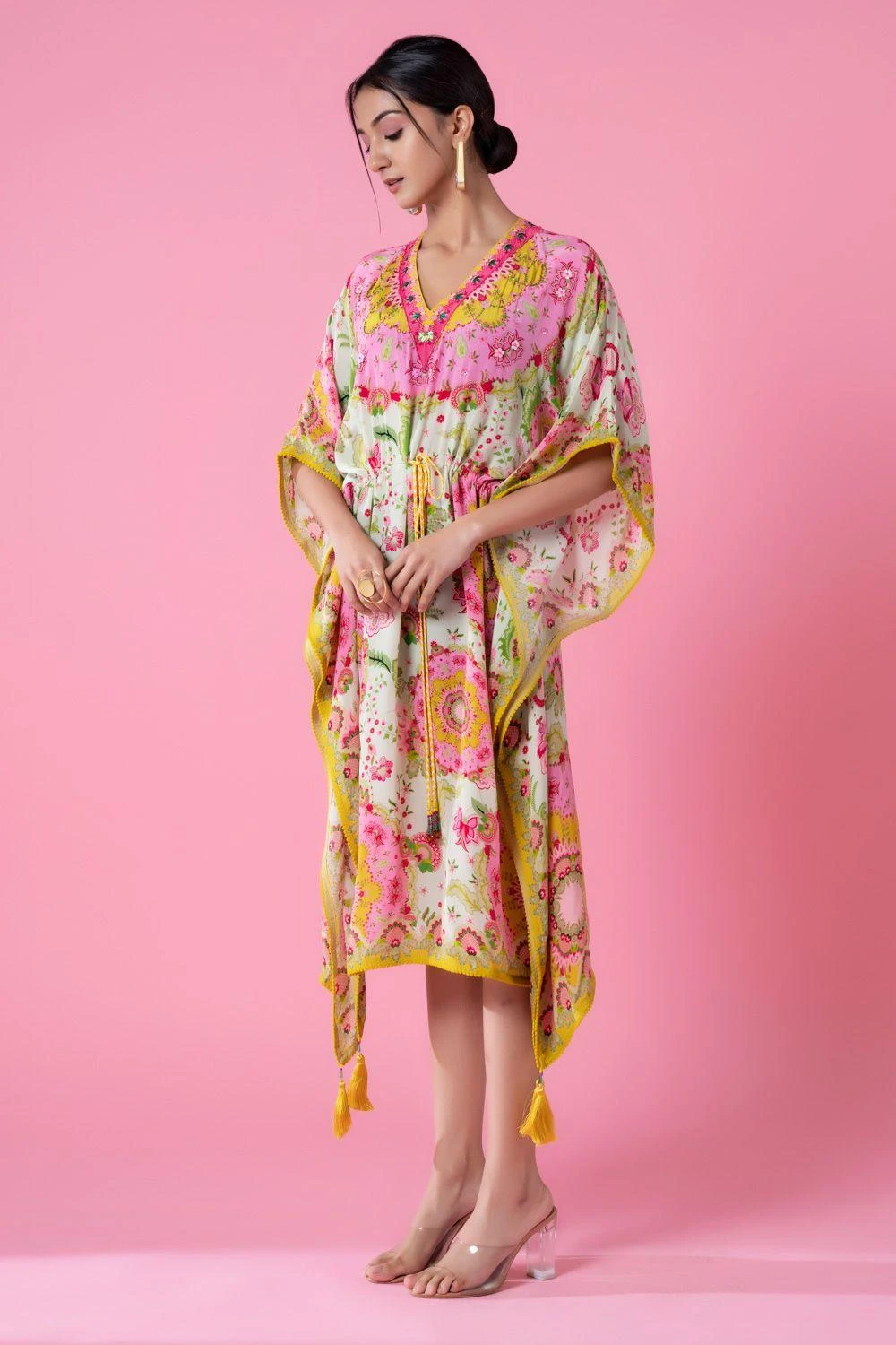 Siddhartha Bansal Vibrant Yellow-blue Floral Printed Kaftan 4 Siddhartha Bansal Vibrant Yellow-blue Floral Printed Kaftan - Image 2