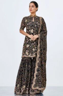 Nakul Sen Black Floral Embroidered Sharara Set