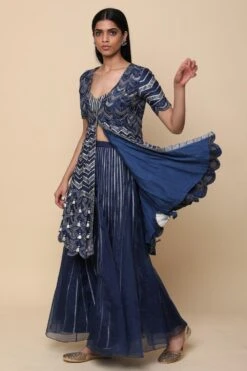 Simar Dugal Navy Blue Embroidered Jacket & Sharara Set