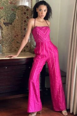 AROHI Berry Embellished Halter Style Jumpsuit