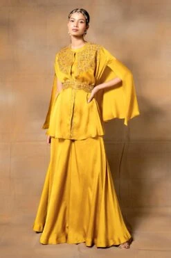 Ahilian Mustard Yellow Embroidered Cape Set
