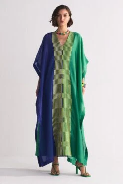 Ikai Lime Green Colour Block Applique Kaftan