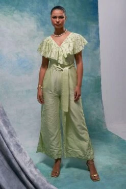 Sakshi Khetterpal Botanical Green Chanderi Frill Jumpsuit
