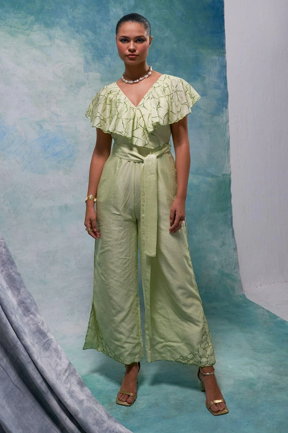 Sakshi Khetterpal Botanical Green Chanderi Frill Jumpsuit 3 Sakshi Khetterpal Botanical Green Chanderi Frill Jumpsuit