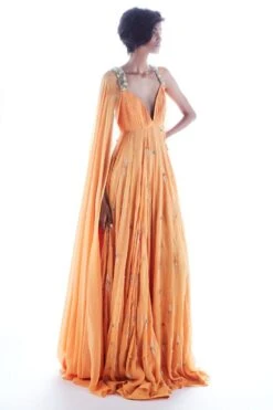 Mala And Kinnary Orange Flared Cape Sleeve Gown -Divine Couture 6323mka64 2