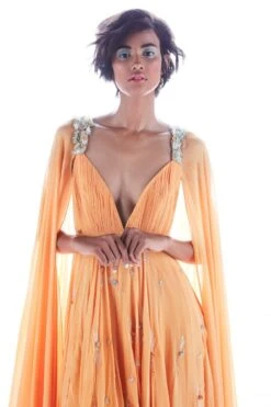 Mala And Kinnary Orange Flared Cape Sleeve Gown -Divine Couture 6323mka64 3