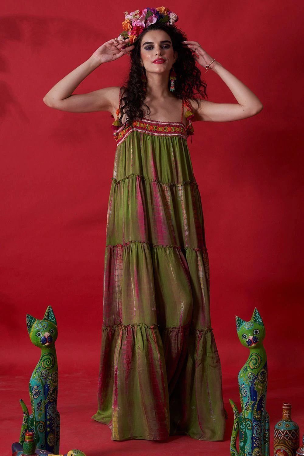 CAPISVIRLEO Green Tie Dye Embroidered Dress 3 CAPISVIRLEO Green Tie Dye Embroidered Dress