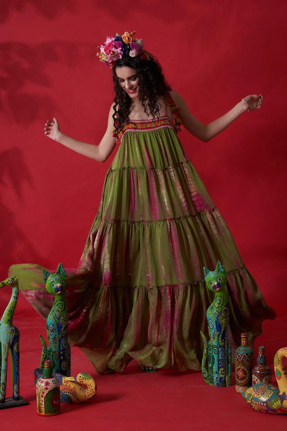 CAPISVIRLEO Green Tie Dye Embroidered Dress 6 CAPISVIRLEO Green Tie Dye Embroidered Dress - Image 4