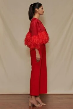 Shriya Som Red Jumpsuit With Feather Capelet -Divine Couture 912ss22 3