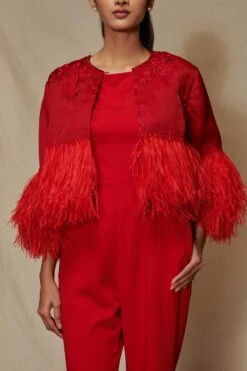 Shriya Som Red Jumpsuit With Feather Capelet -Divine Couture 912ss22 4