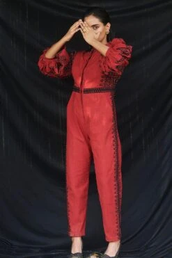 Chandrima Red Cotton Cordwork Jumpsuit -Divine Couture cfw20js05 2