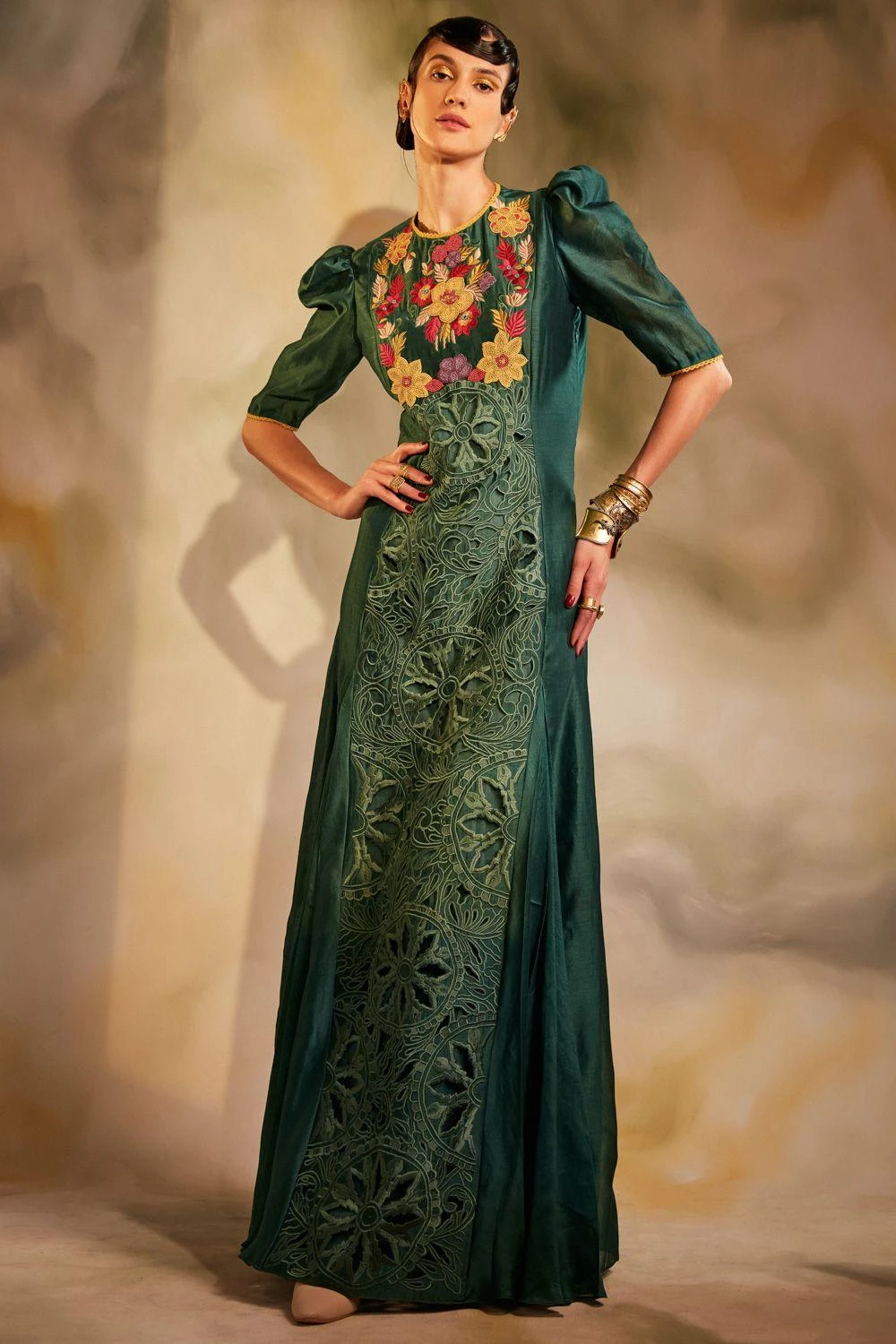 Chandrima Emerald Green Cutwork Maxi Dress 3 Chandrima Emerald Green Cutwork Maxi Dress