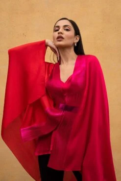 Amit Aggarwal Fuschia Ombre Panelled Cape With Belt -Divine Couture d 1 1